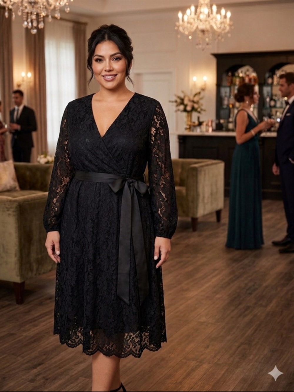 BloomChic Black Lace Midi Wrap Dress with Satin Tie
